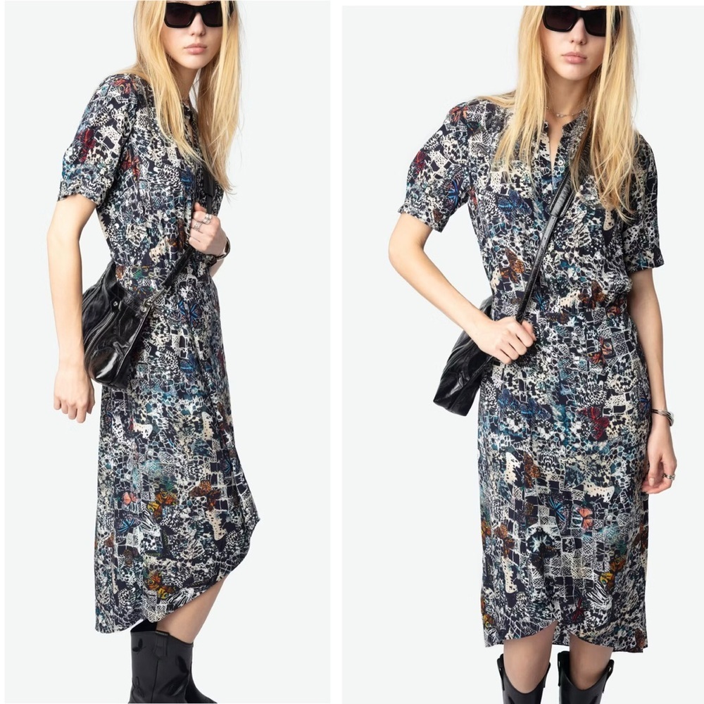 Zadig & Voltaire Rimaz Soft Butterflies Short Sleeve Asymmetrical Midi Dress NEW - Picture 3 of 14
